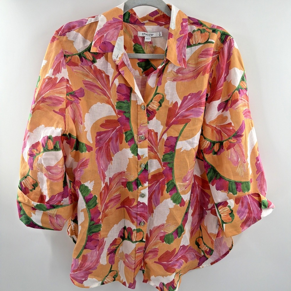 Chico's Linen 3/4 Sleeve‎ Button Down Top Shirt Floral Tropical Sz 12 Coastal